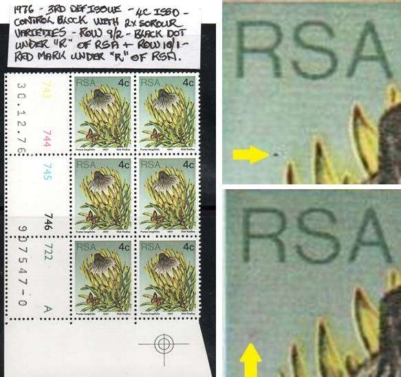 1976 RSA 3rd Definitive Issue 4c Control block with scarce listed varieties in MNH-condition