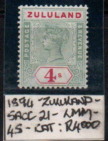 Rare 1894 Zululand 4s stamp in LMM-condition