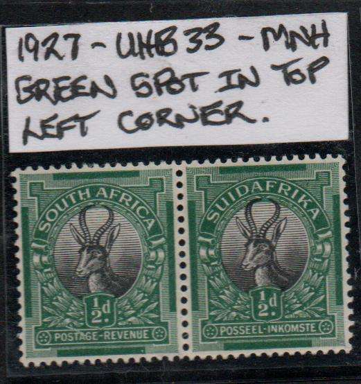 1927 Union PTA definitive 1/2d pair with variety in MNH-condition