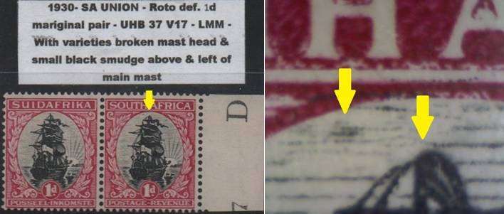 1930 Union Roto Printing - 1d marginal pair with varieties in LMM-condition