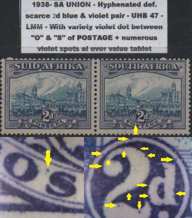 1938 Union Hyphenated definitive - scarce blue & violet 2d pair with varieties in LMM-condition