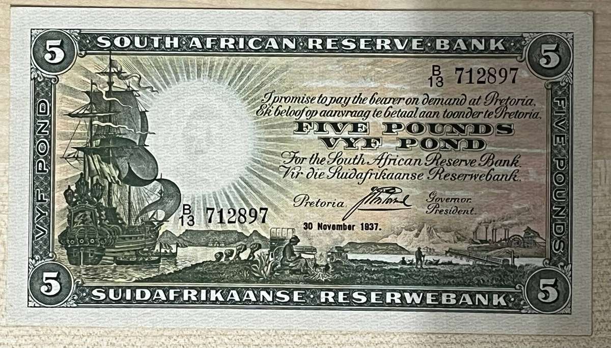 1937 MH DE Kock Five Pound, CRISP NOTE