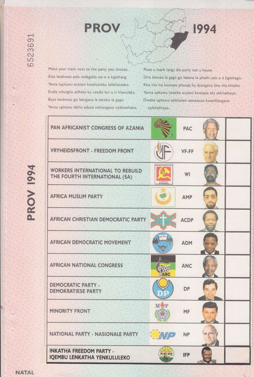 SOUTH AFRICA 1994 BALLOT PAPER (NATAL) with Nelson Mandela - Genuine