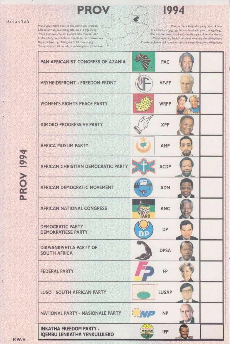 SOUTH AFRICA 1994 BALLOT PAPER (PWV) with Nelson Mandela - Genuine