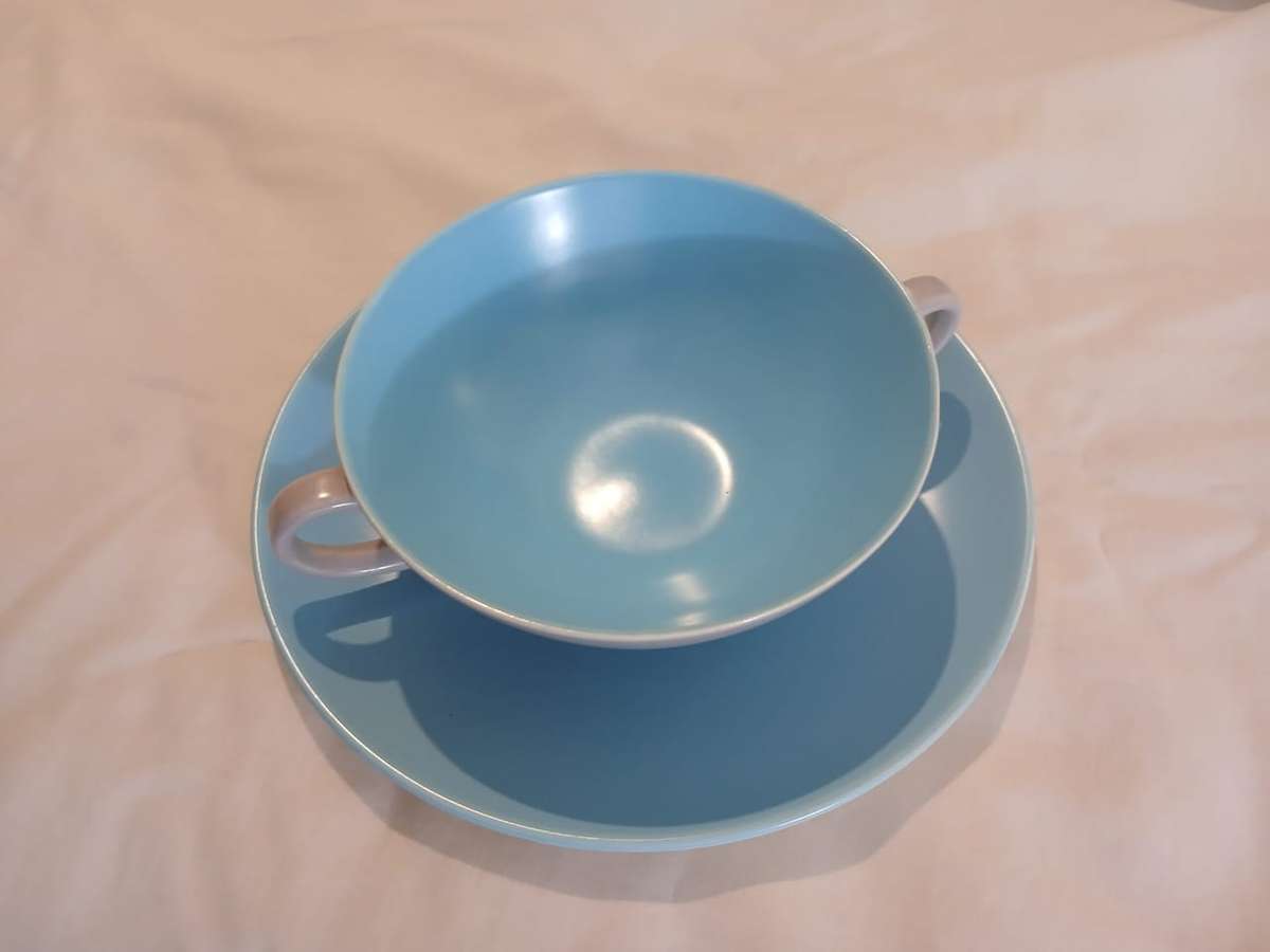 Six Vintage Poole Soup Bowls with Saucers
