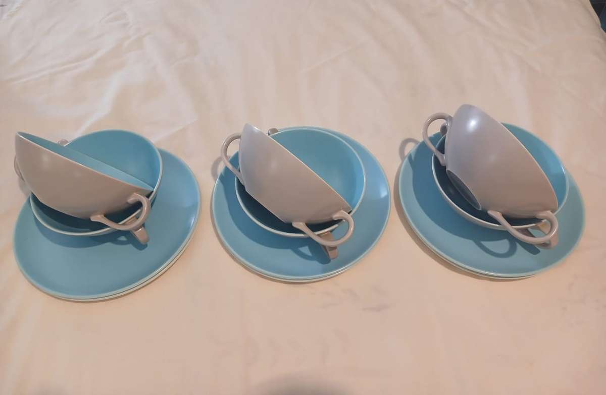 Six Vintage Poole Soup Bowls with Saucers