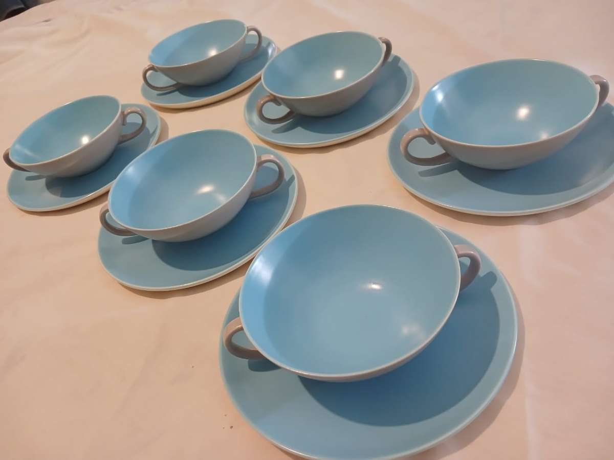 Six Vintage Poole Soup Bowls with Saucers