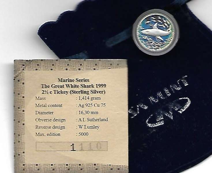 R1 AUCTION- 1999 2 1/2C PROOF SILVER TICKEY - GREAT WHITE SHARK