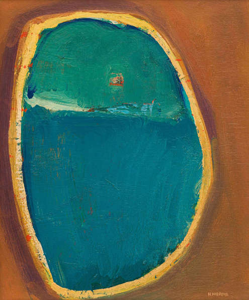 HERMANN NIEBUHR (1972-) ABSTRACT LANDSCAPE IN BLUE WITH ORANGE BACKGROUND - SIGNED OIL ON BOARD