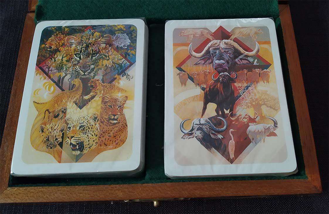 2 Unopened Packs of Wildlife Playing Cards in Wooden Box with Felt Interior