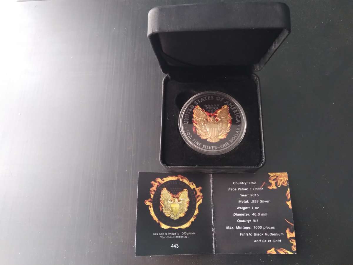 2015 1Oz American Phoenix Silver Eagle Black Ruthenium 24k Gold Gilded