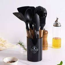Silicone Kitchen Utensil Set with Holder  11-Piece Heat-Resistant Cooking Tools in BLACK