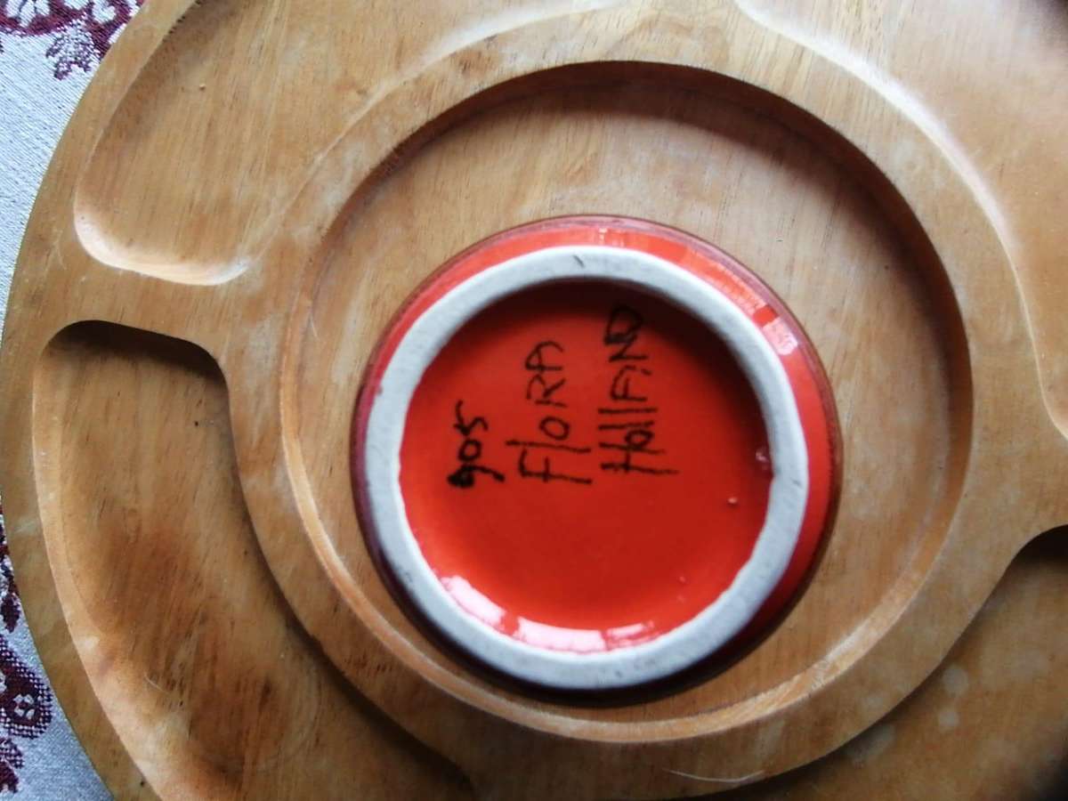 VINTAGE FLORA CERAMIC VASE IN MID - CENTURY STYLE -RED-ORANGE WITH YELLOW