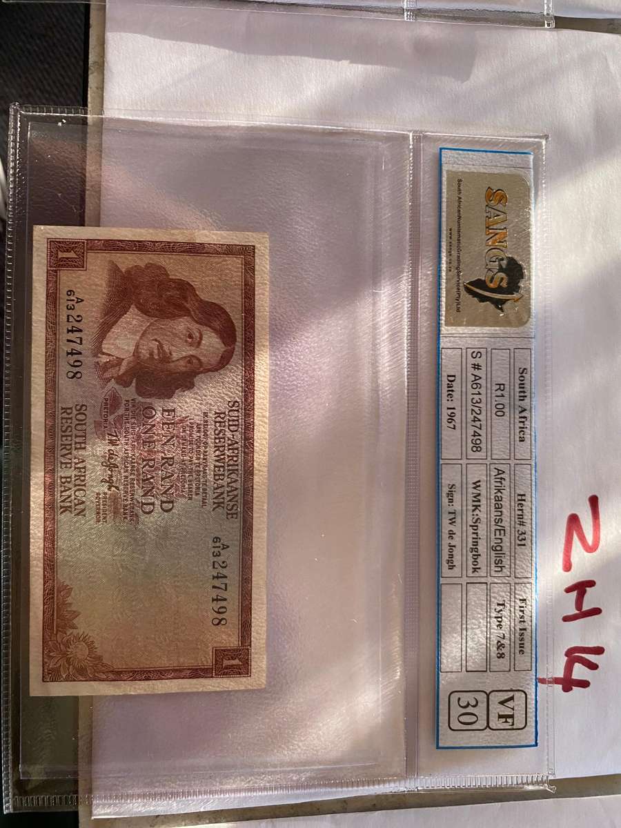 South African R.00 banknote WMK:Springbok - TW de Jongh SANGS Grade VF30