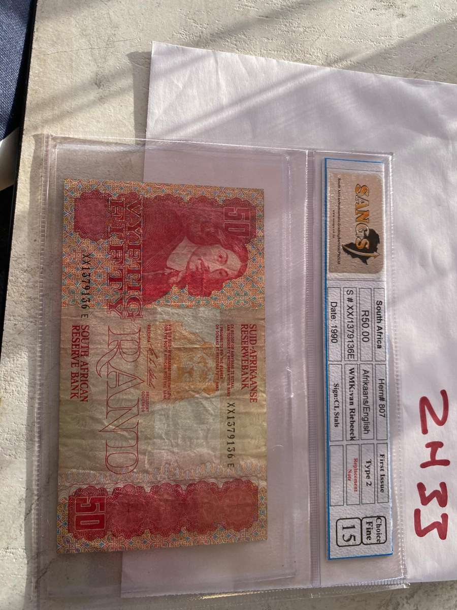 1990 South Africa R50.00 banknote Afrikaans and English. CL Stals - Gerhard deKock - Fine 15