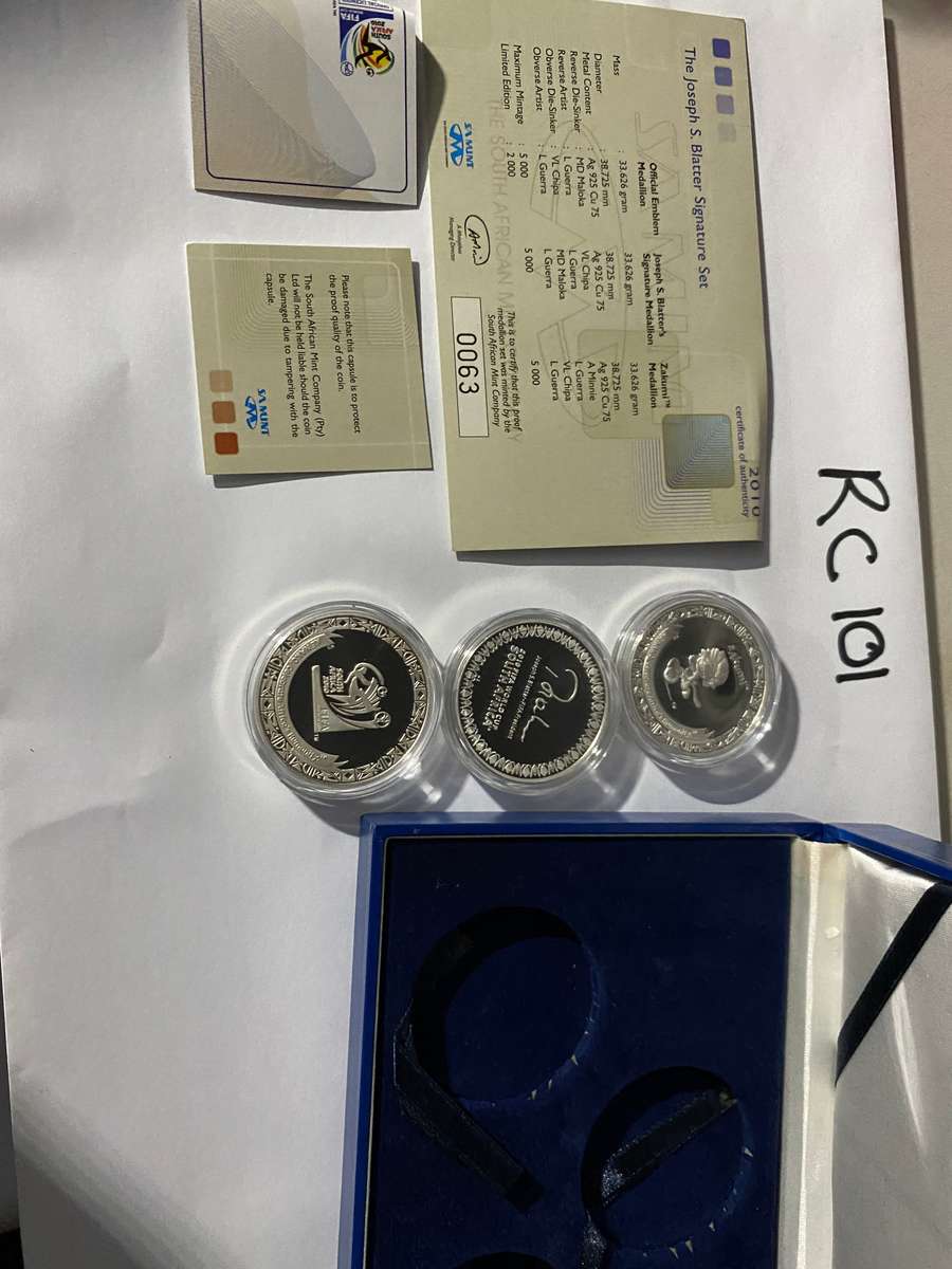 S Africa 3x coin Silver proof R2 set with cert - Soccer - Not seen on auction Joseph S Blatter set