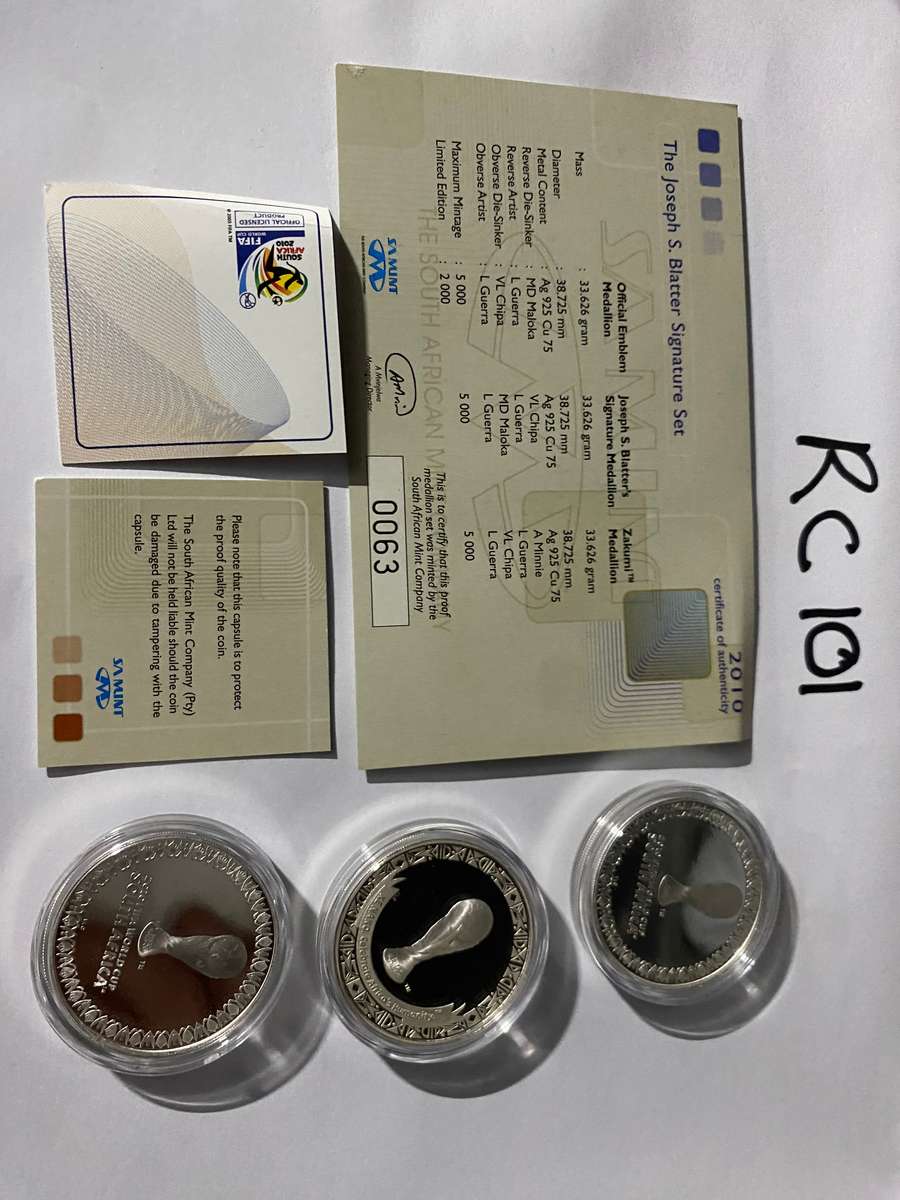 S Africa 3x coin Silver proof R2 set with cert - Soccer - Not seen on auction Joseph S Blatter set