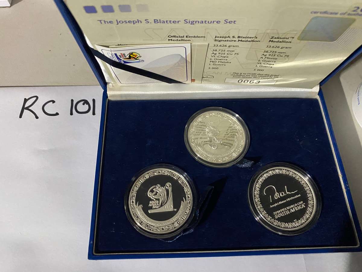 S Africa 3x coin Silver proof R2 set with cert - Soccer - Not seen on auction Joseph S Blatter set