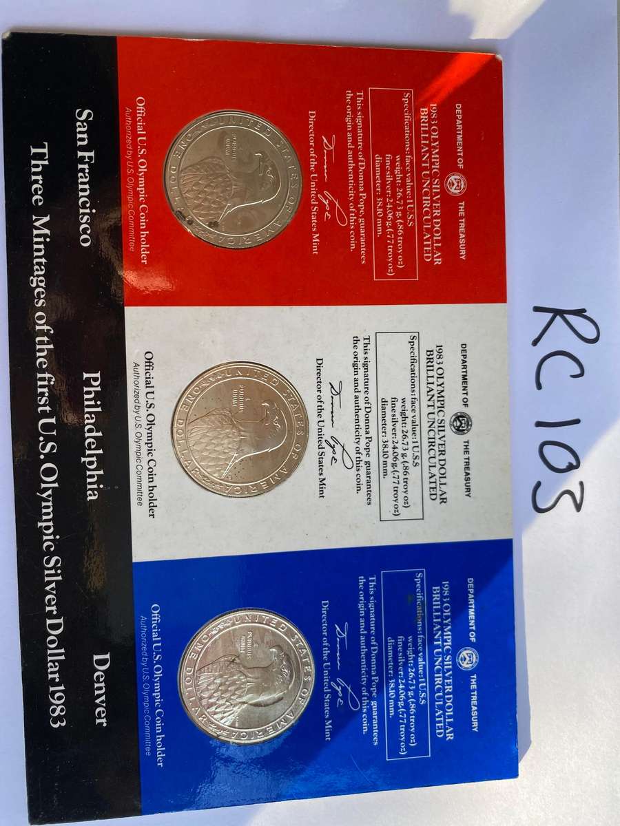 3 COINS - SILVER - 1983 Brilliant UNC - First Olympic games USA 1 dollar coins - One bid for all