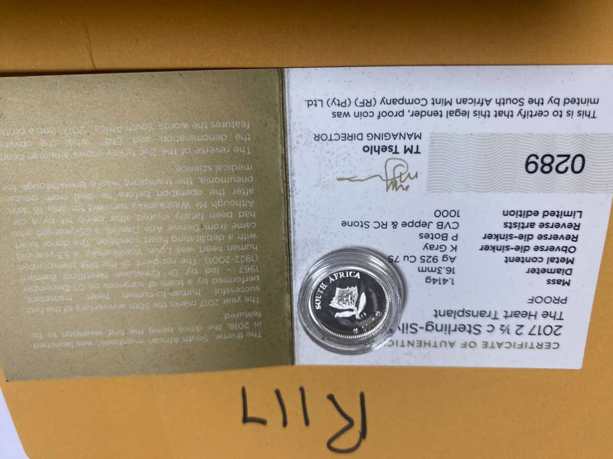 2017 - 2 1/2 tickey Sterling Silver proof tickey,The heart Transplant, in SA Munt pack. W Cert
