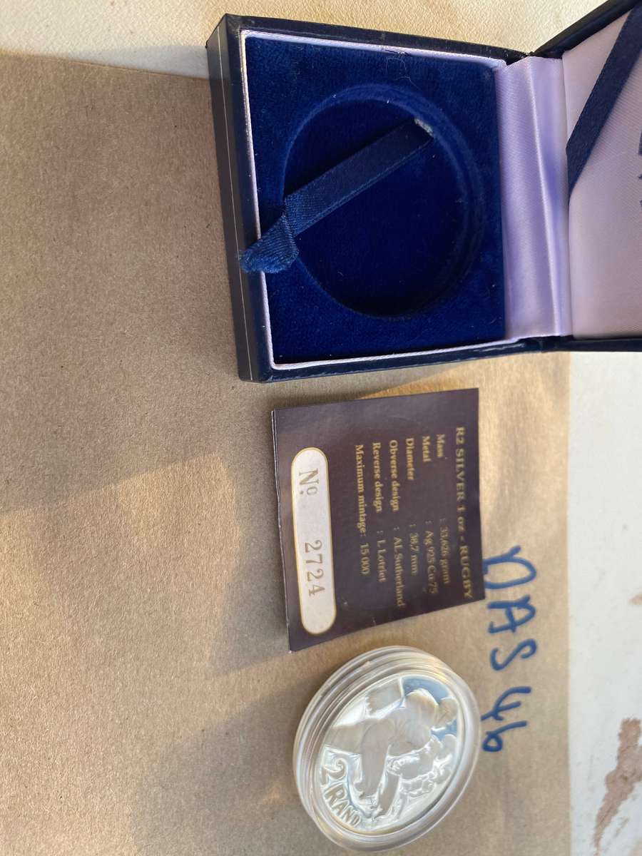 1995 South Africa Silver Proof R2 - World Cup Rugby with certificate and SAM box