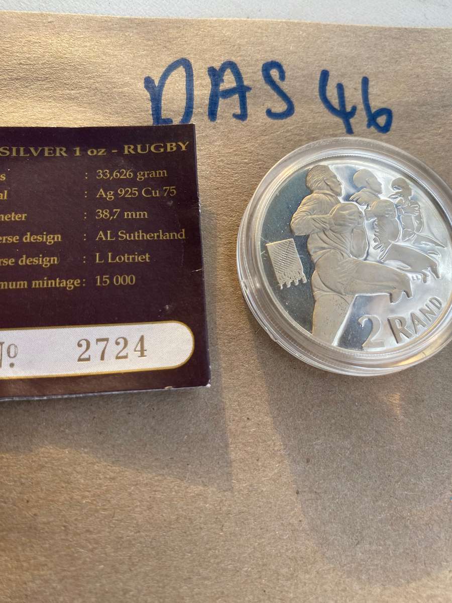 1995 South Africa Silver Proof R2 - World Cup Rugby with certificate and SAM box