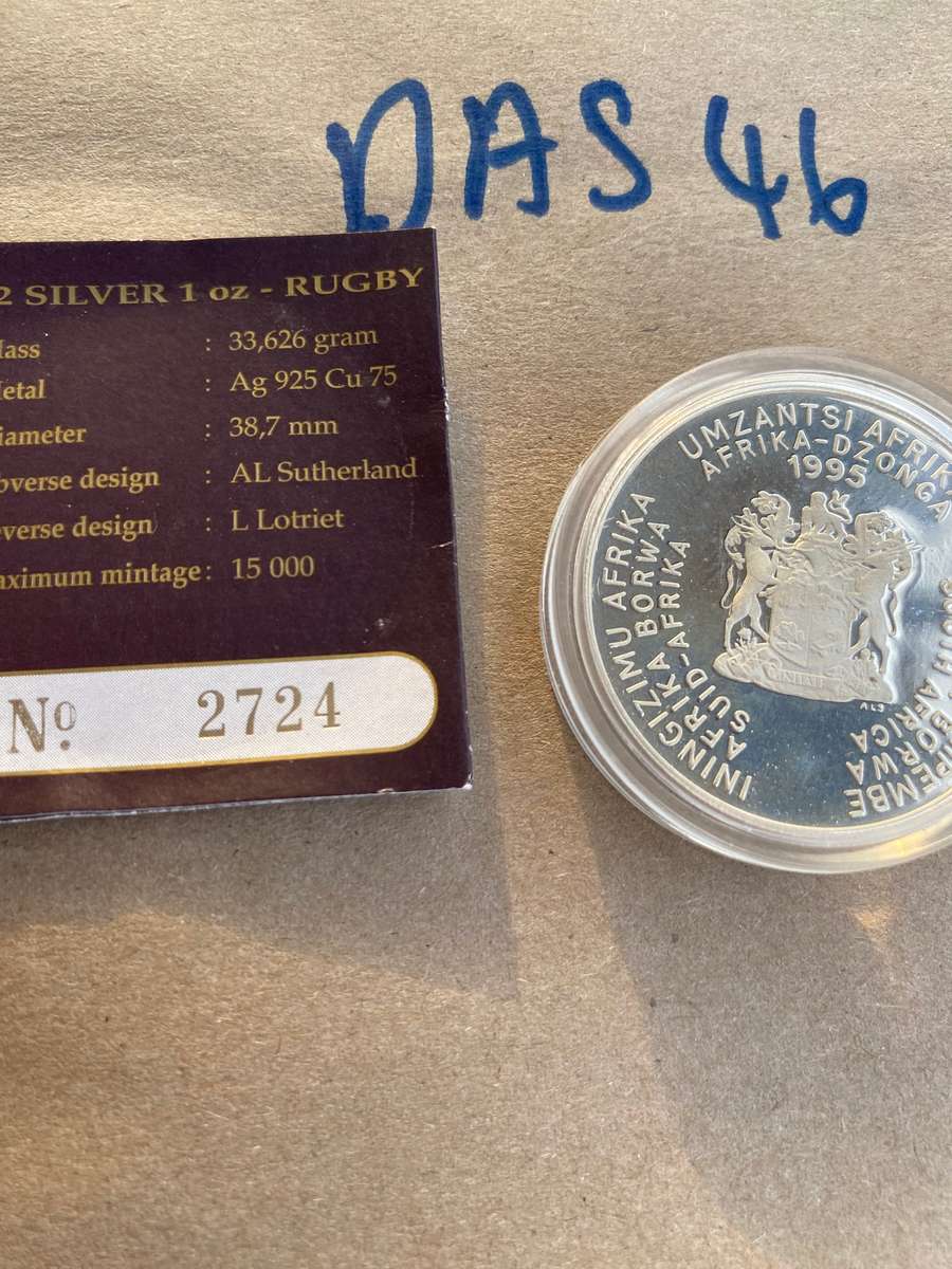 1995 South Africa Silver Proof R2 - World Cup Rugby with certificate and SAM box