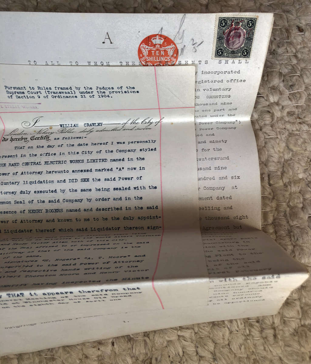 STAMP TRANSVAAL REVENUE 5/- 1907, VERMILION EMBOSSED 10/- BRITISH STAMP ON LIQUIDATION DOCUMENT