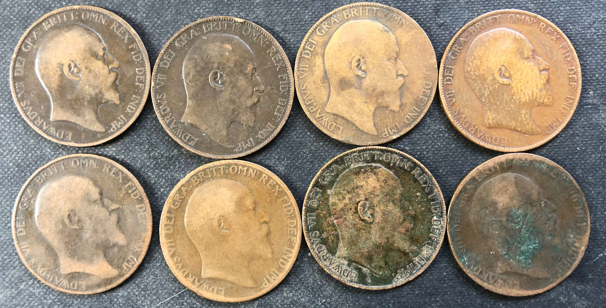PENNY 1902, 1903, 1905, 1906, 1907, 1908, 1909 AND 1910 BRITISH EDWARDIAN