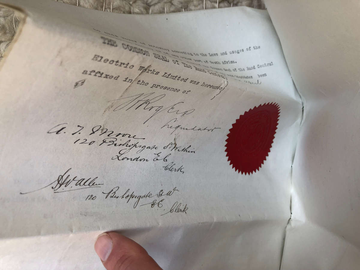 STAMP TRANSVAAL REVENUE 5/- 1907, VERMILION EMBOSSED 10/- BRITISH STAMP ON LIQUIDATION DOCUMENT