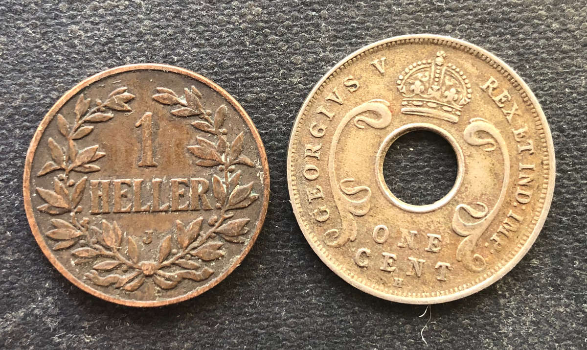 GERMAN EAST AFRICA 1908 1912 EAST AFRICA & UGANDA PROTECTORATES 1 HELLER & 1 CENT