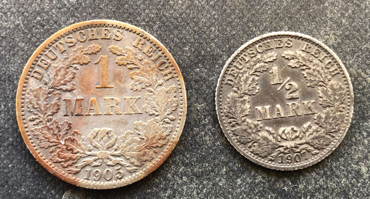 GERMANY 1905 1907 Silver 1/2 Mark & 1 Mark Collection of 2 Coins