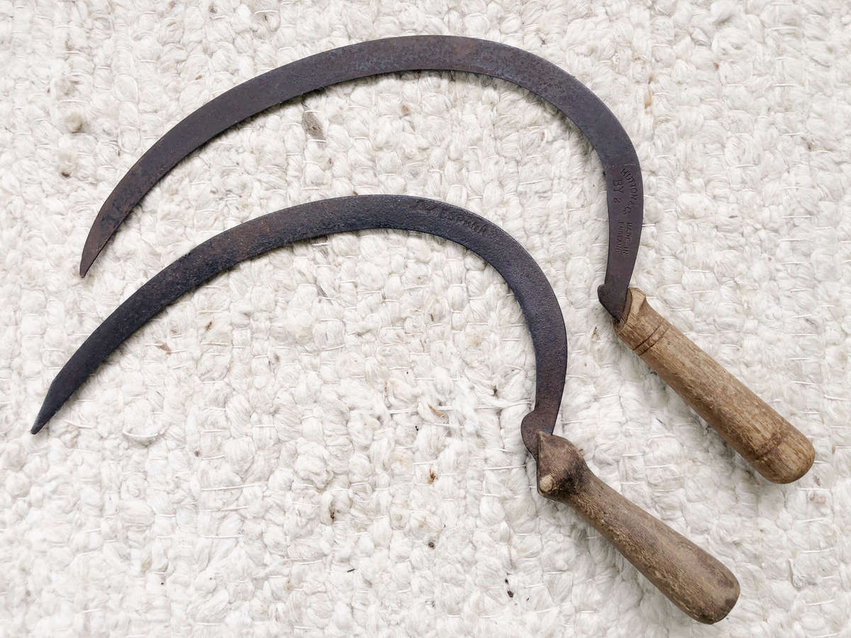 SICKLES TWO AVAILABLE ANTIQUE ONE SIGNED HUTTON & CO THE OTHER UNMARKED