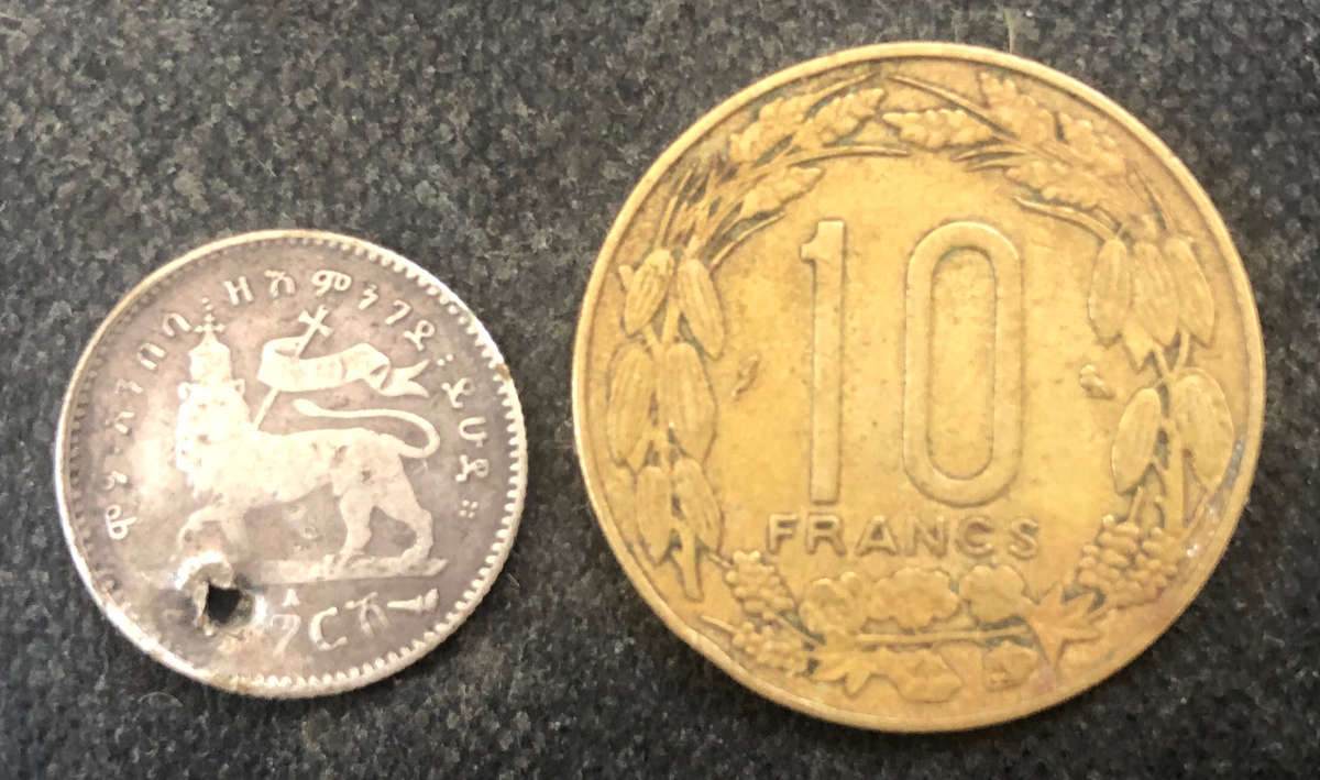 ETHIOPIA 1895 1 GERSH SILVER CAMEROON 1965 10 FRANCS COLLECTION OF TWO COINS