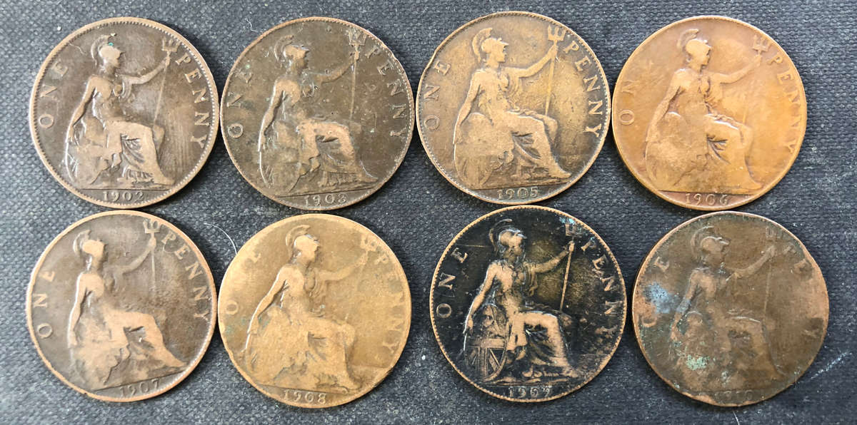 PENNY 1902, 1903, 1905, 1906, 1907, 1908, 1909 AND 1910 BRITISH EDWARDIAN