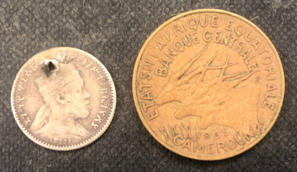 ETHIOPIA 1895 1 GERSH SILVER CAMEROON 1965 10 FRANCS COLLECTION OF TWO COINS