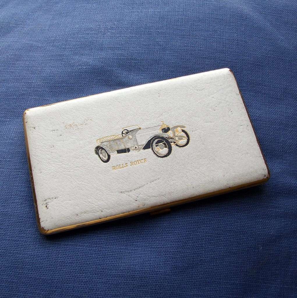 Vintage Davian leather covered brass Rolls Royce cigarette case