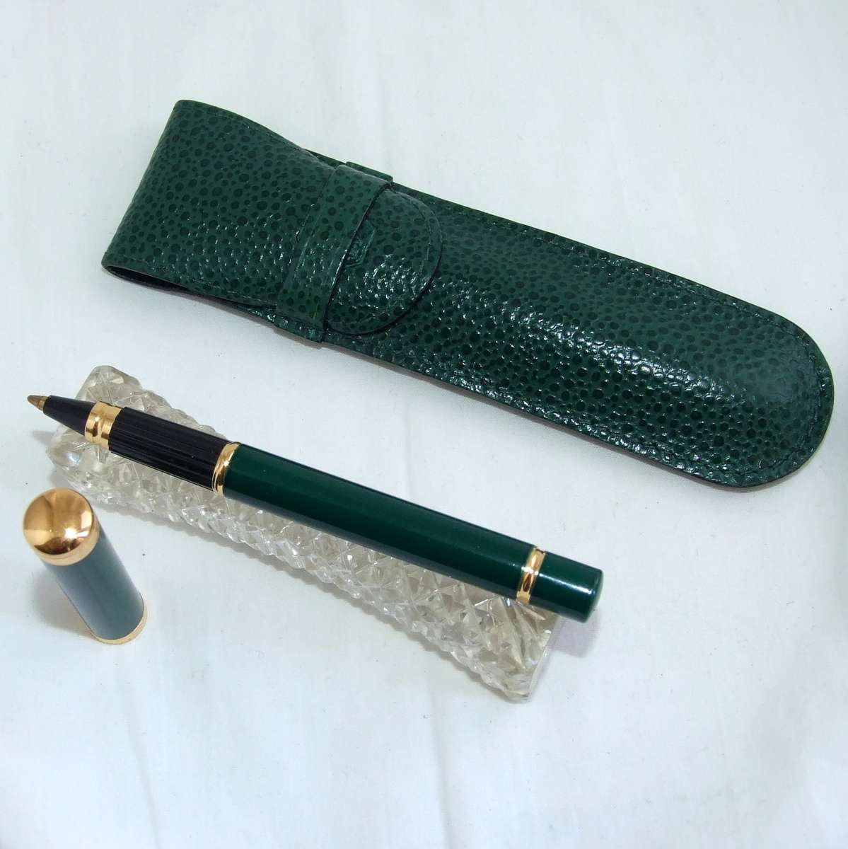 Rare WATERMAN  "Lady Charlotte" green enamel and gold ballpoint pen with original leather case