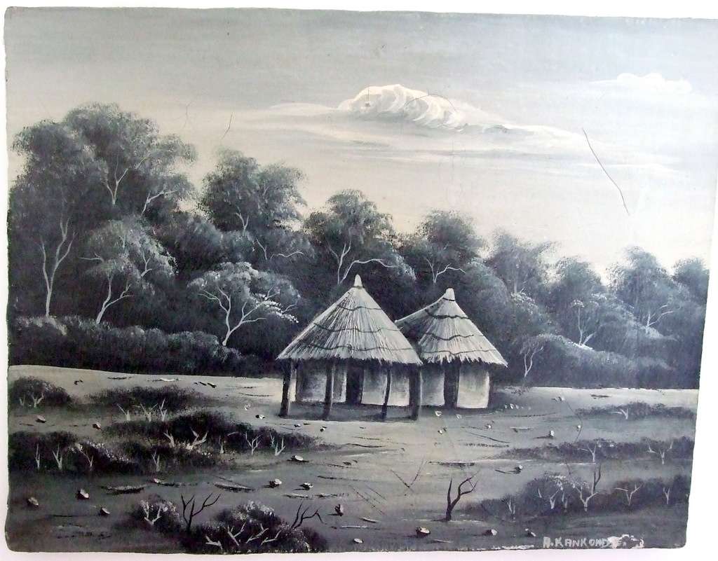 Vintage black and white landscape oil painting by Northern Rhodesian Artist A. Kankonde