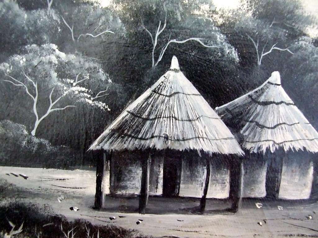 Vintage black and white landscape oil painting by Northern Rhodesian Artist A. Kankonde