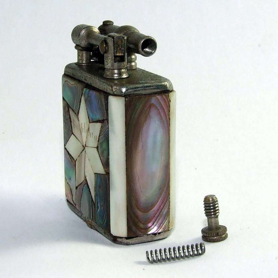 Vintage Lift Arm Dunhill-style fuel lighter with MOP Bethlehem mosaic