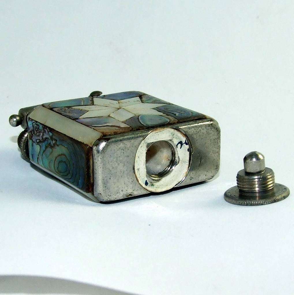 Vintage Lift Arm Dunhill-style fuel lighter with MOP Bethlehem mosaic
