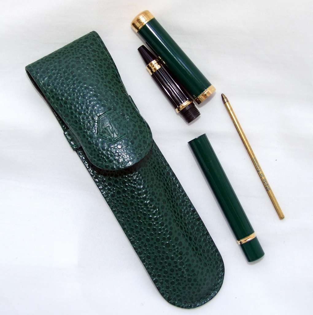 Rare WATERMAN  "Lady Charlotte" green enamel and gold ballpoint pen with original leather case