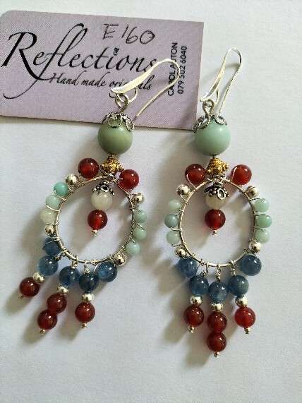 St Silv hoops w Blue Kyanite, Carnelian & Amazonite. E160