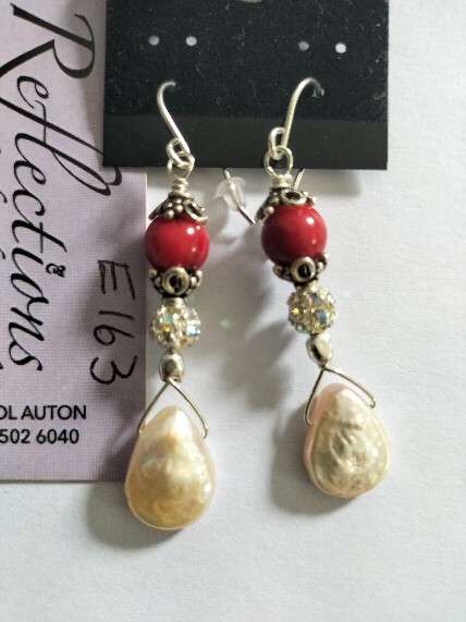 Sterling silver baroque pearl / coral earrings. E163