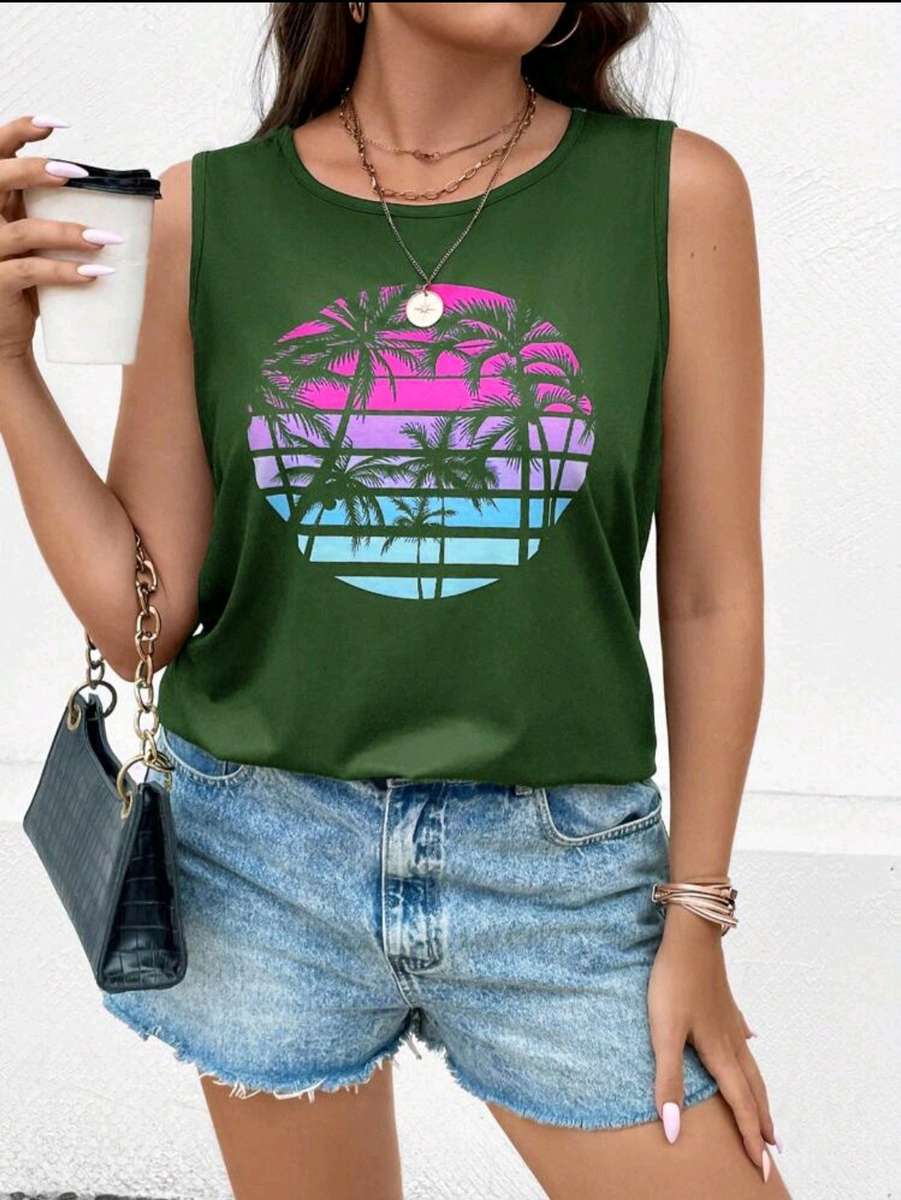 Army Green print tank top : 1XL