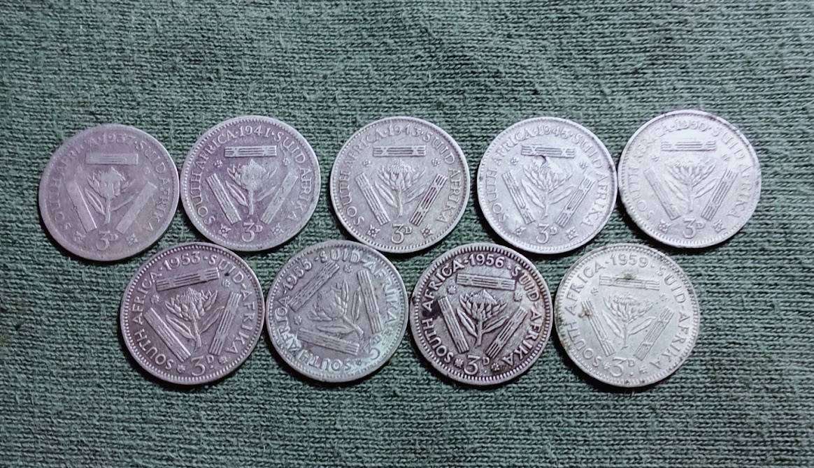 1 Bid for All 9 Union of SA threepence -5 x .800 silver coin and 4 x .500 silver coins