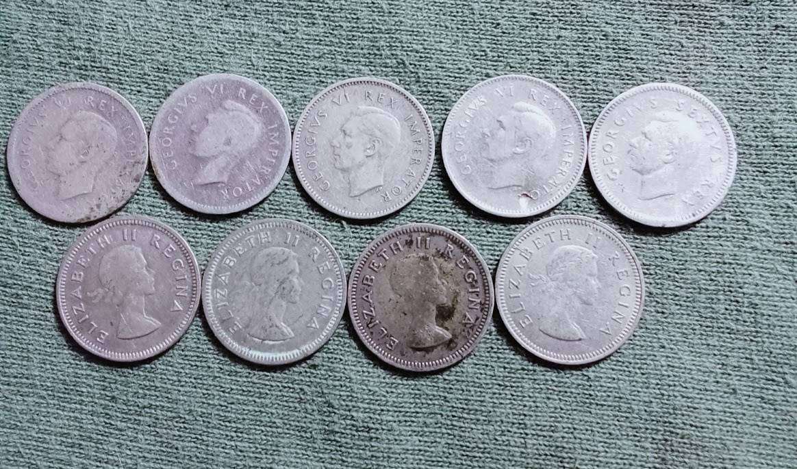1 Bid for All 9 Union of SA threepence -5 x .800 silver coin and 4 x .500 silver coins