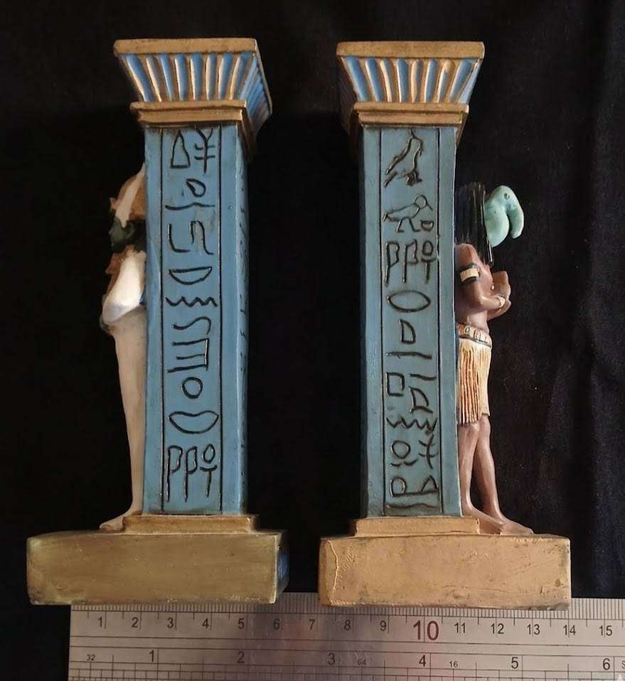 Vintage Egyptian Deity Column Candlestick Holders (Pair)  Osiris & Thoth
