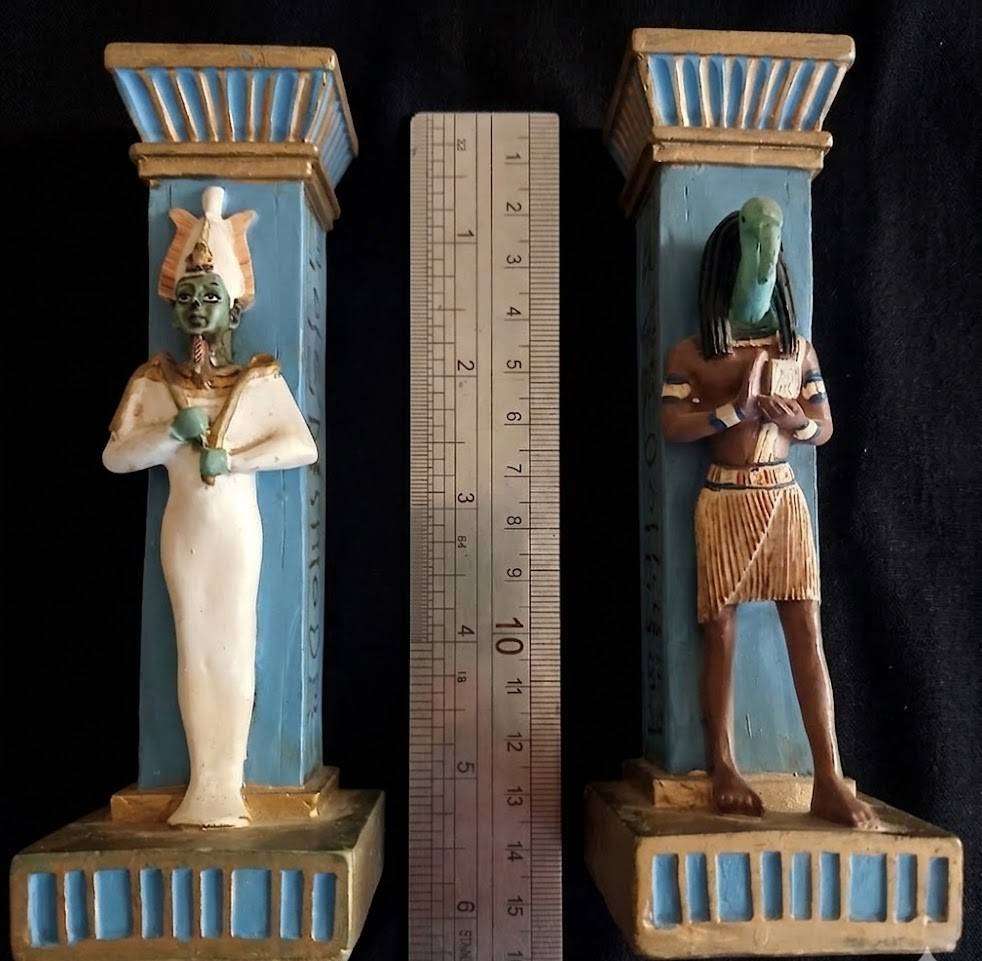 Vintage Egyptian Deity Column Candlestick Holders (Pair)  Osiris & Thoth